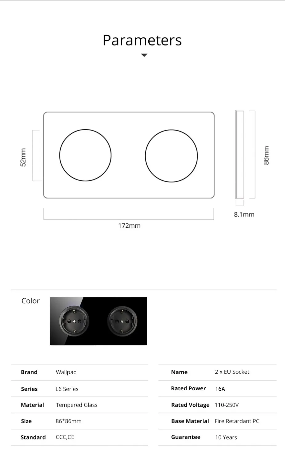 Фото Настенная розетка Wallpad L6 из закаленного стекла, европейская, с двойной рамкой, 16 А №4
