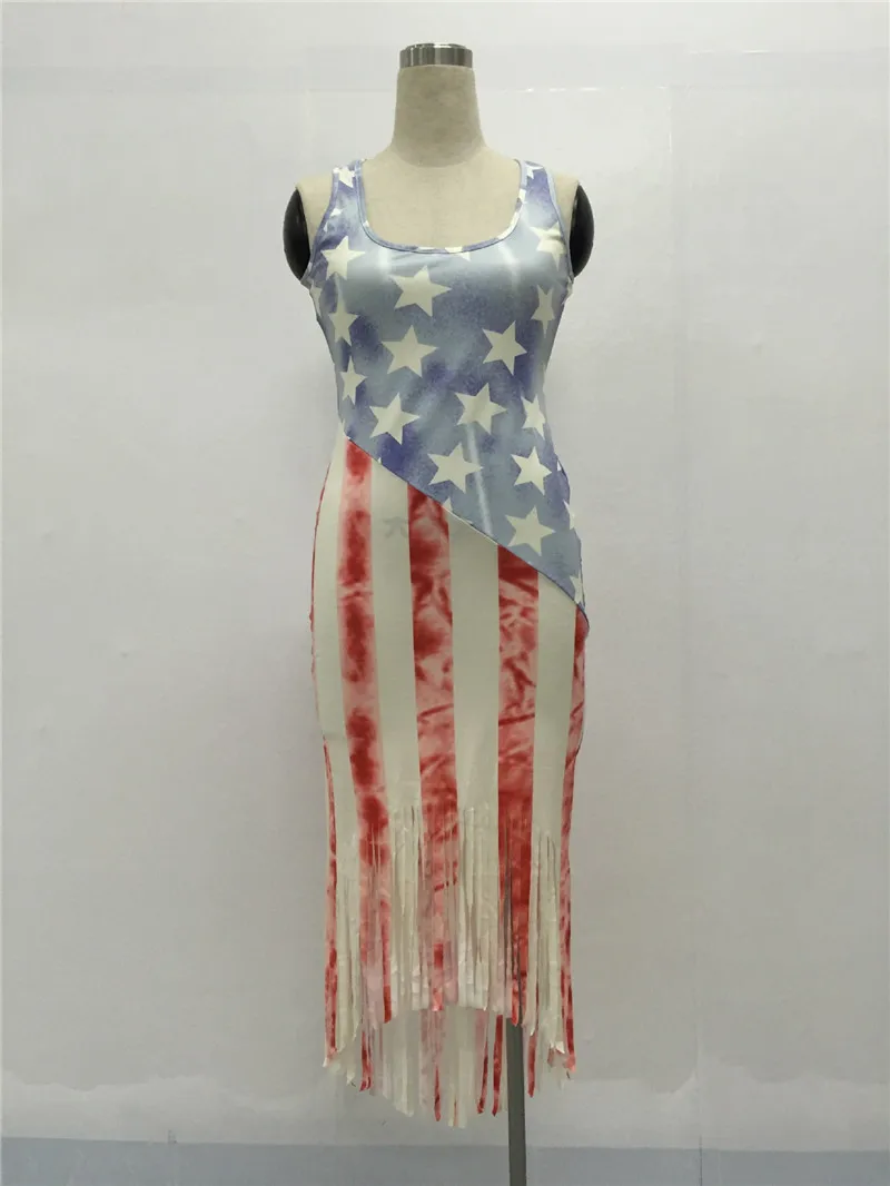 Кисточкой американский флаг печати платье без рукавов Женская мода o образным
