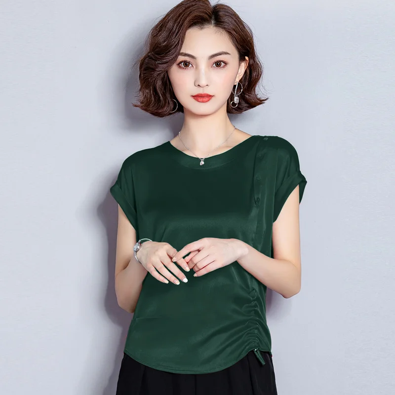 Корейские модные шелковые женские блузки атласные красные рубашки с круглым