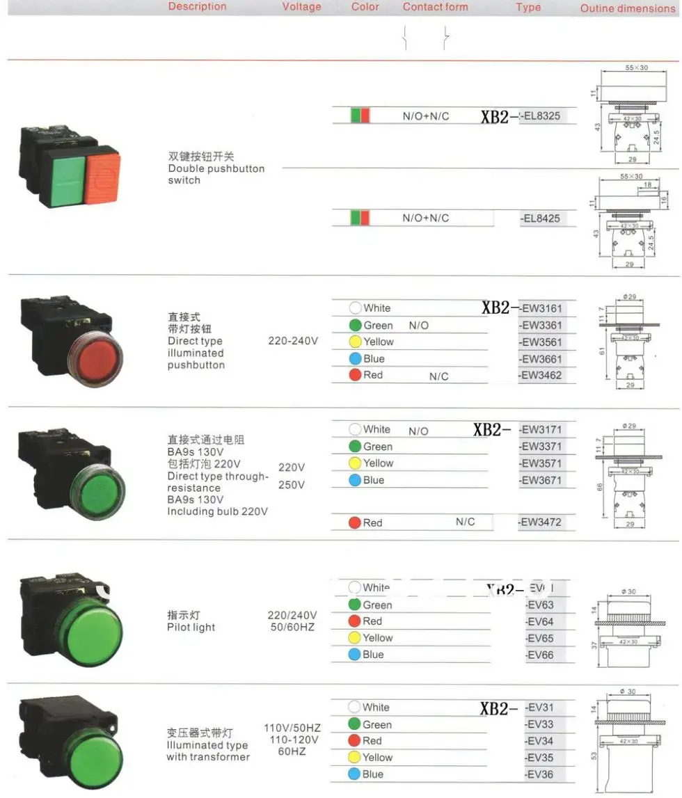 XB2-EL31 XB2-EL42 XB2-EL51 XB2-EL8325 XB2-EL8425 1NC/1NO/1NO1NC одиночный/двойной кнопочный переключатель мгновенного self-сброс