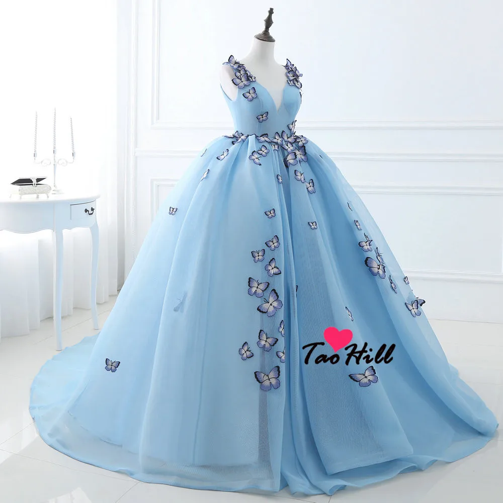 TaoHill Free Shipping Ball Gown Deep V-neck Sky Blue Evening Dress Straps With Butterfly Flowers Princess Party Dresses | Свадьбы и