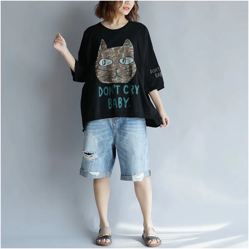 Black tshirt Футболка размера плюс Kawaii Cat с буквенным принтом, Vogue, топы, футболка, Женская свободная хлопковая футболка, Femme, летняя футболка с графическим принтом для женщин 4XL - Цвет: Black tshirt
