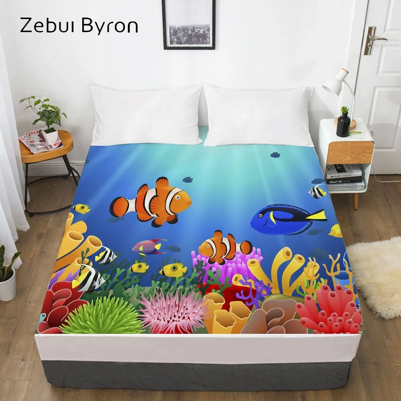 3D Print Cartoon Bed Sheet With Elastic,Fitted Sheet for Kids/Baby/Children/Boy/Girl,ocean fish Mattress Cover 160x200
