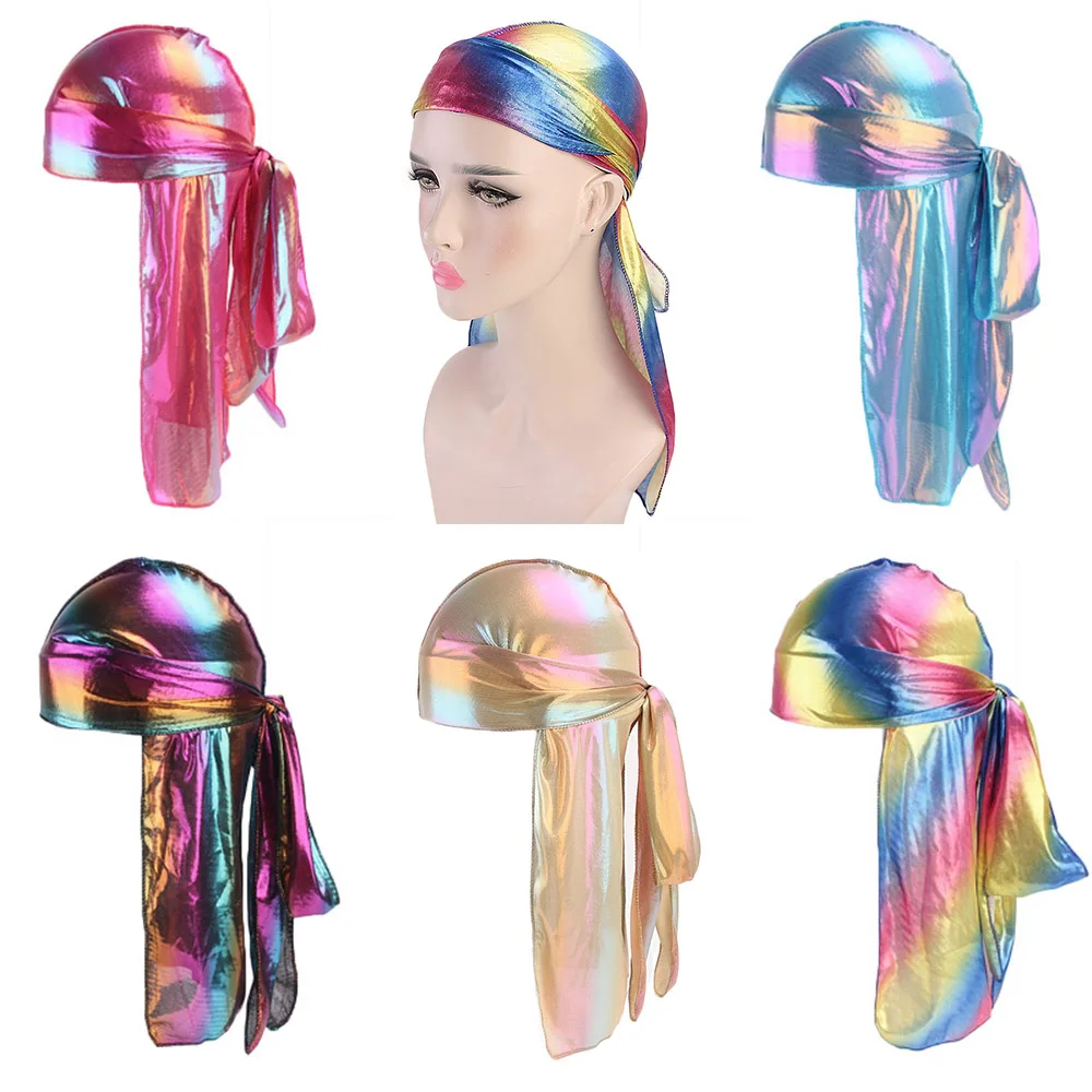 

Unisex Colorful Laser Silky Durag hip hop doo rag headwrap Bandanas DU-RAG Long Tail Hair Accessories for Party Outdoor