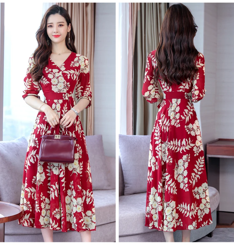 High Quality Plus Size Fashion Autumn New Arrival Collect Waist 3/4 Sleeve FeatherPrinting Woman Long V Neck Chiffon Dress