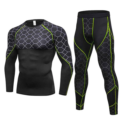 Спортивный костюм Gar для мужчин t Бодибилдинг костюмы для бега комплекты для фитнеса, йоги компрессионный Рашгард Athlet спортивные костюмы спортивный набор для мужчин - Цвет: Grey net-Green line