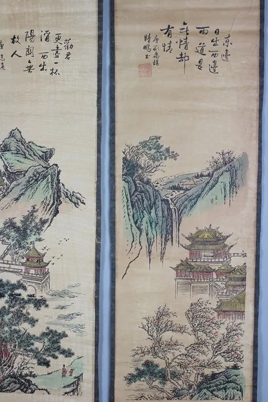 Китайские каллиграфические рисунки, свитки, китайская живопись, винтажная традиционная китайская живопись, длинный свиток, четыре экрана