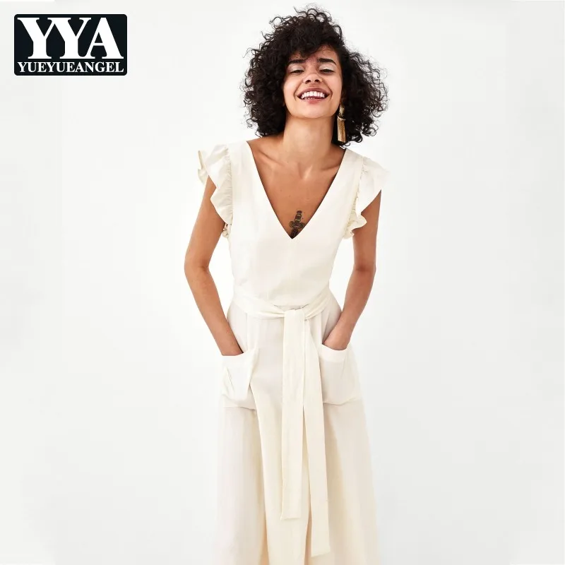 Женское пляжное платье без рукавов элегантное белое миди с оборками открытой