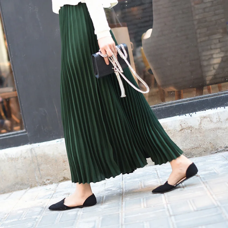 Dark Green Sheblingbling Женская длинная юбка весна лето эластичная высокая Талия Макси плиссированная юбка длиной до щиколотки элегантные женские повседневные юбки - Цвет: Dark Green