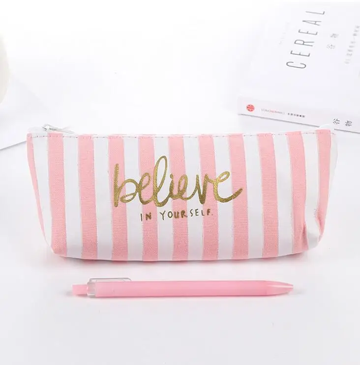 striped 1x Розовый принцесса полосатый горошек сетки Холст Ручка Пенал для хранения школьные офисные канцелярские принадлежности детский подарок косметичка - Цвет: striped