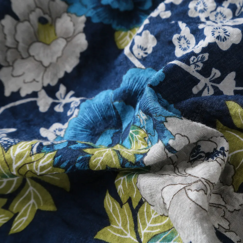 Женская блузка летняя из хлопка и льна с о вырезом длинным рукавом цветочным