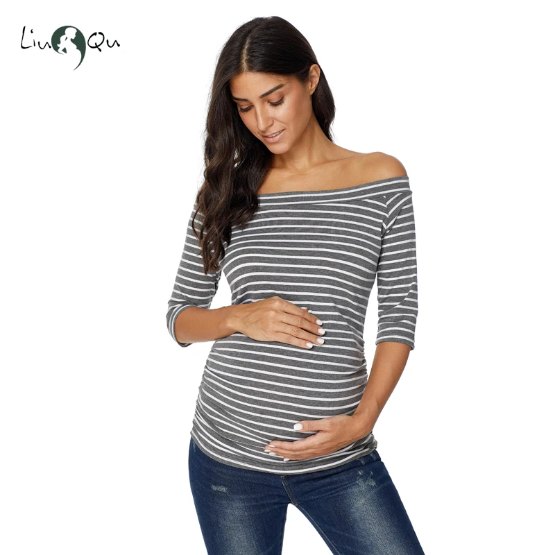 Womens Pregnancy Off Shoulder 3 Quarter Blouse Striped Top Maternity Clothes Slash Neck Pregnancy Womens Clothing ropa mujer