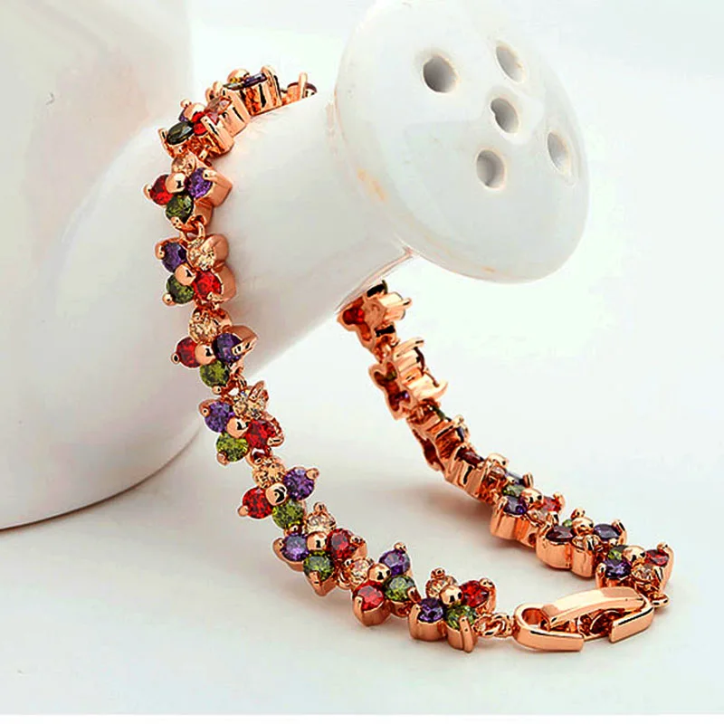 Классические браслеты с цветами для женщин цветные кубическим цирконием розовое
