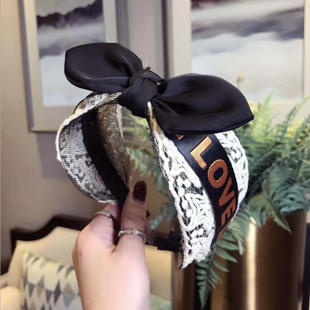 Fashion Big Bowknot Hairband Love Print Head Band Lace Hair Accessories Fresh Women Hoop Striped Bands Wholesale |