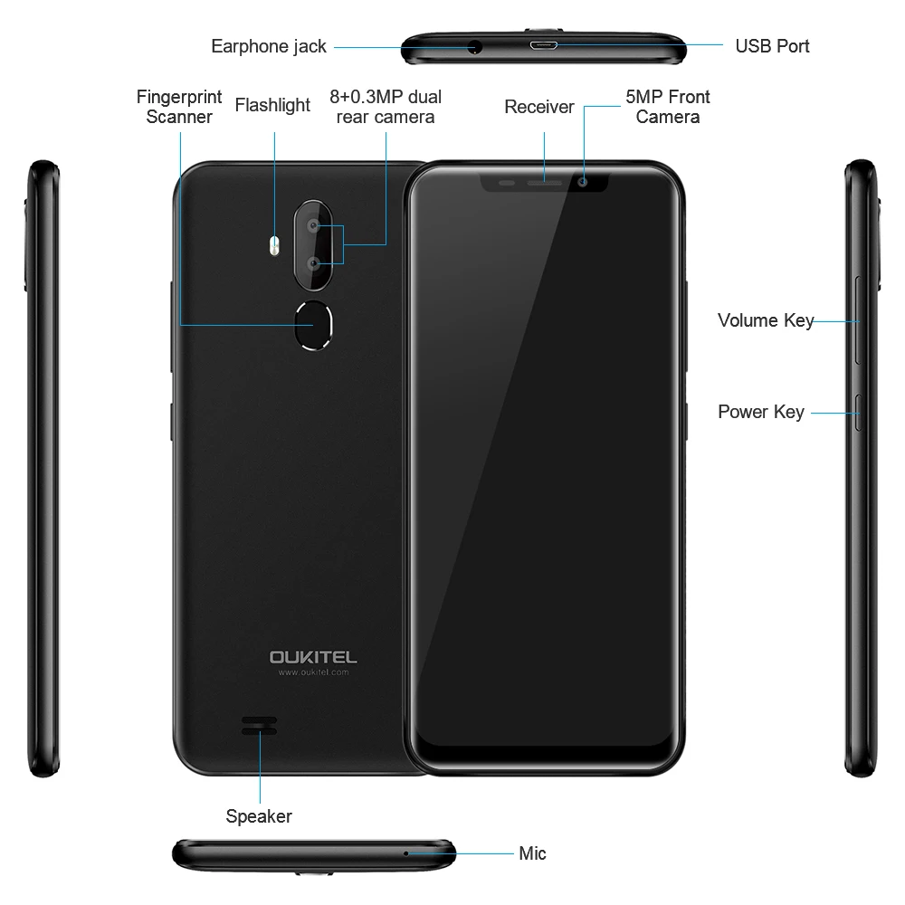 Мобильный телефон OUKITEL C12 Pro 6,1" 19:9 Android 8,1, четырехъядерный процессор MT6739, 2 Гб ОЗУ, 16 Гб ПЗУ, отпечаток пальца, 4 Гб, 3300 мАч, смартфон