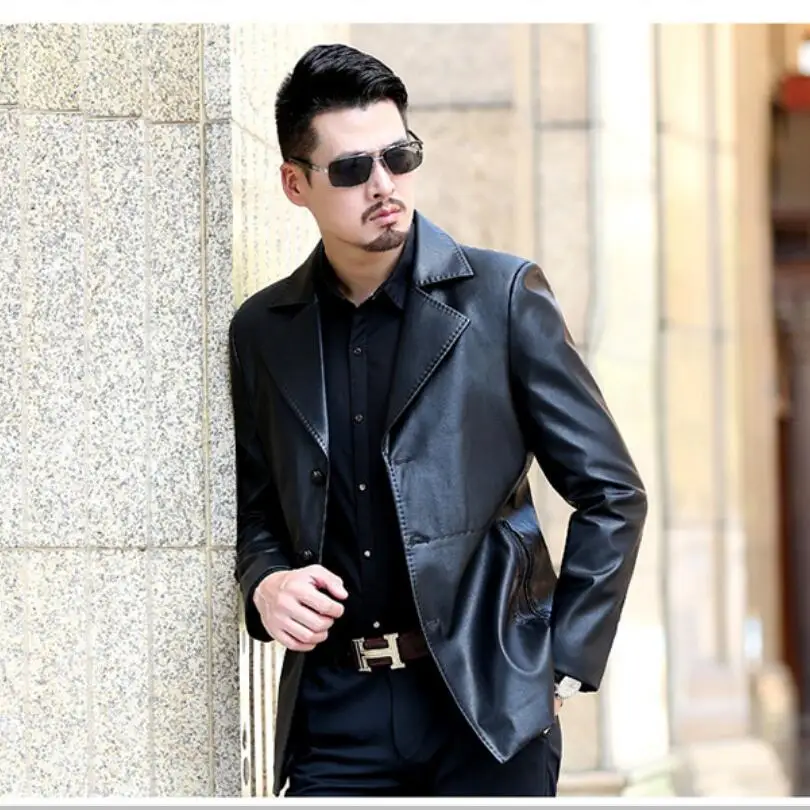 

M-3xl New Autumn Leather Jackets Men's Clothing Long Section 100% Sheep Skin Middle-aged Suit Collar Dad Windbreaker Jacket