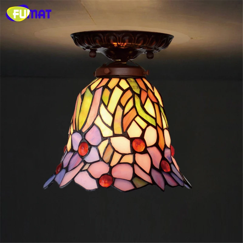 Goedkoop FUMAT Gebrandschilderde Kroonluchter Mediterrane Stijl Korte Paarse Orchidee Art Glas Lamp Voor Woonkamer Keuken Verlichtingsarmaturen