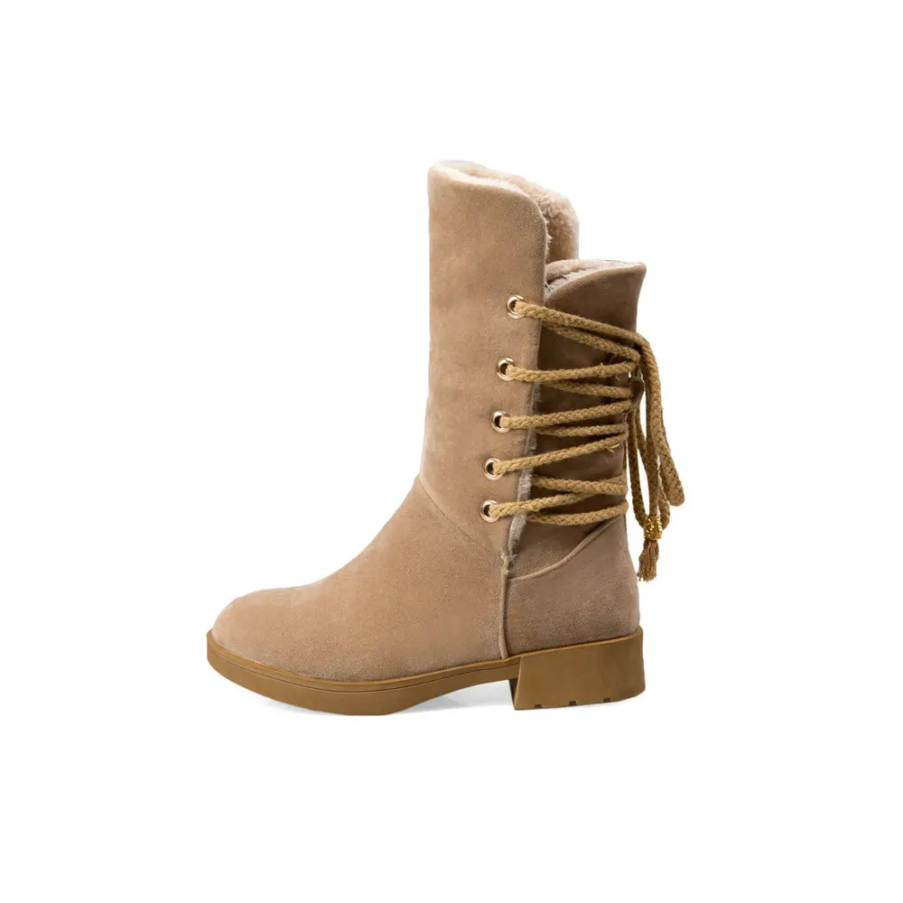 AIWEIYi Mid-calf Boots for Women Flock Round toe Square Heel Low Heels Martin Lace Up Warm Fur Snow | Обувь