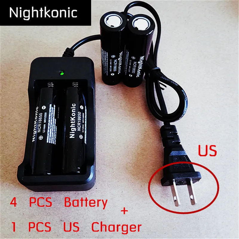 Оригинальная Nightkonic 4 шт. 18650 Батарея 3,7 в литий-ионная аккумуляторная батарея черный плоский верх+ 1 шт.(ЕС/США) 2/4 слот зарядное устройство - Цвет: US 2 slot Charger