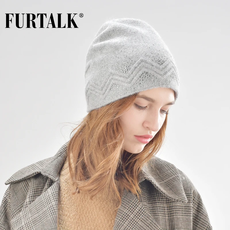 FURTALK/осенне-зимняя шерстяная Круглая Шапочка, шапка для женщин, шапки из кроличьего меха со стразами, двойная шапка Skullies Beanie для женщин