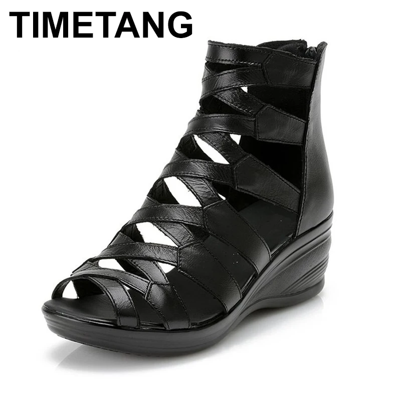 TIMETANG/ г., летние модные сандалии из натуральной кожи, мягкая подошва, удобная обувь с открытым носком на танкетке, обувь для мам сандалии на плоской подошве