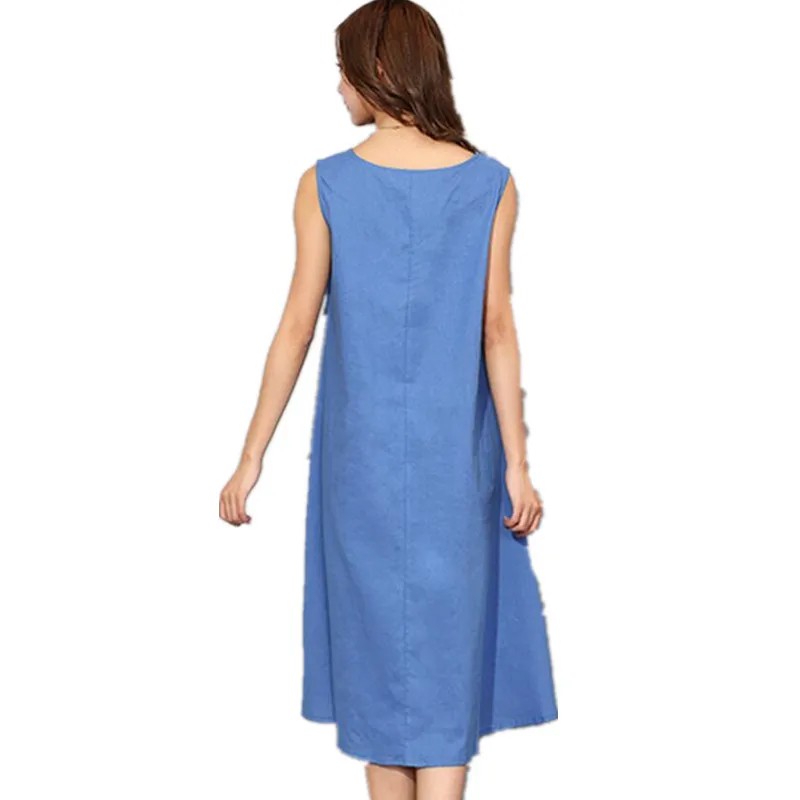 Женское платье без рукавов с круглым вырезом из хлопка и льна|vestido de festa|linen dresscotton