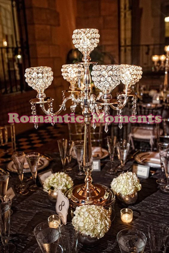 

Gold Table Centerpiece 5 arms crystal candelabrum Event Decoration