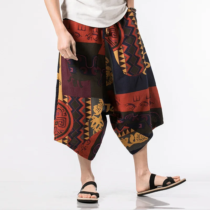 Summer Hip Hop Chinese Print Plus Size Wide Leg Trousers Indian Pakistan Clothing Men Vestidos Indiano Casual Nepal Baggy Pants