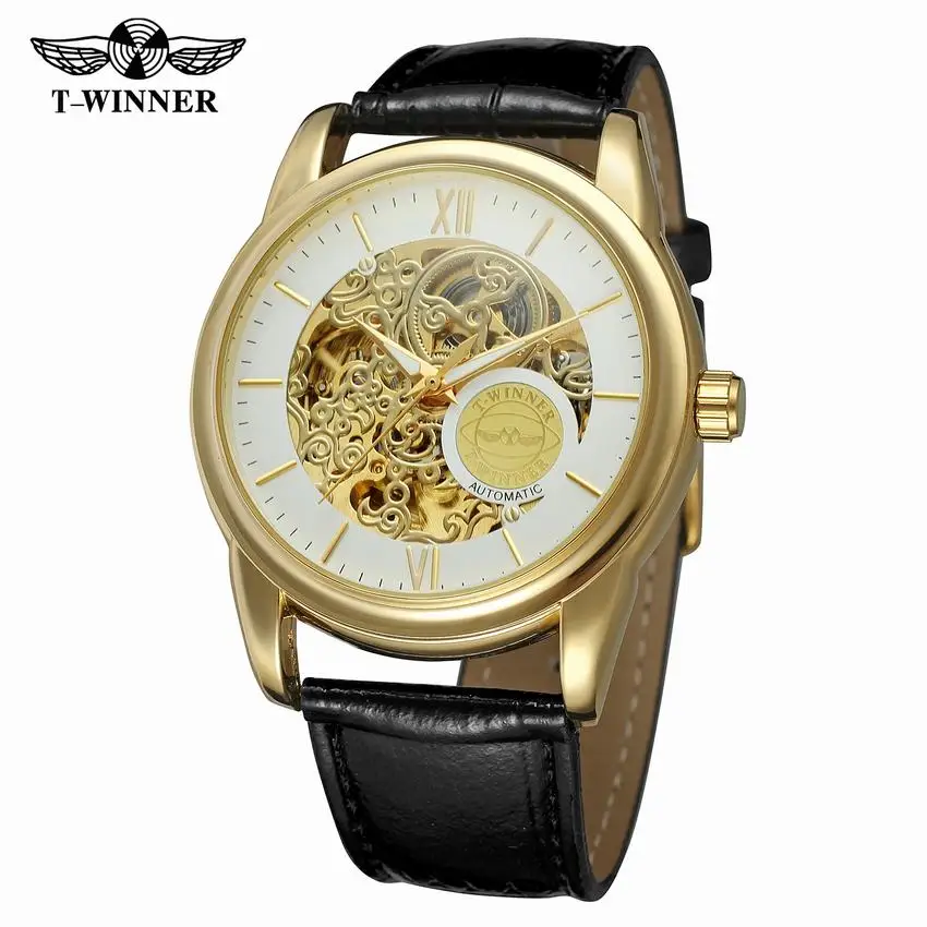 ПОБЕДИТЕЛЬ часовой бренд черный кожаный Дизайн Для мужчин s часы Скелет