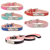 soft leather pet personalized collar dog cat puppy collars free engraving pet name phone id matched leash lead set