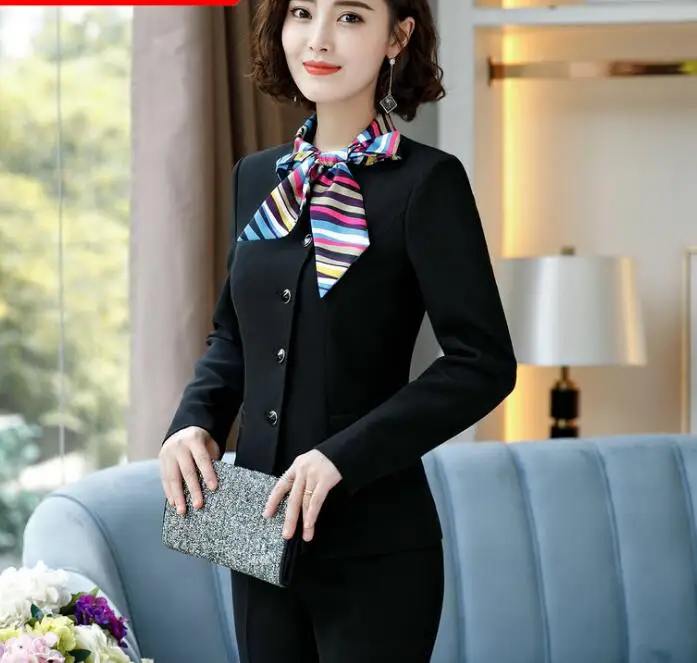 Модный Элегантный женский костюм с шарфом и длинными рукавами на пуговицах юбка