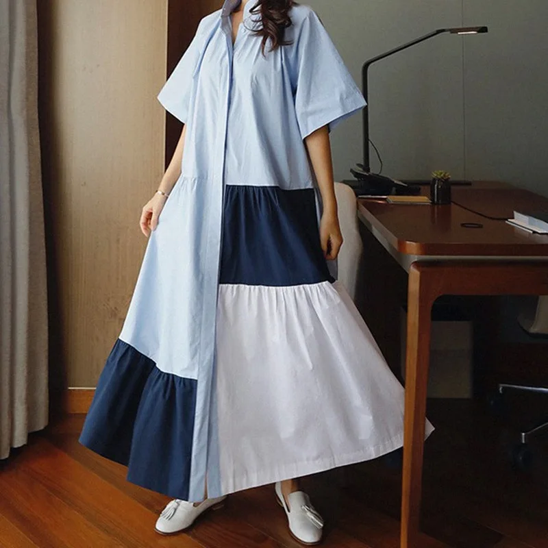 Корейский стиль женское длинное платье темперамент пэчворк хлопок модное