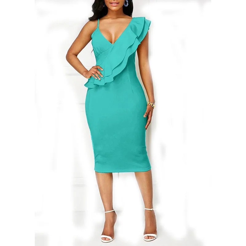 2018 Спагетти ремень Bodycon платье Для женщин Модный пуловер оборками Кепки рукавом