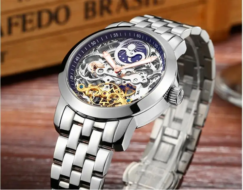 Скелет для мужчин механические часы Автоматические полые Tourbillon часы модные мужские водостойкие 50 м Спорт Луна часы с фазами Relogio