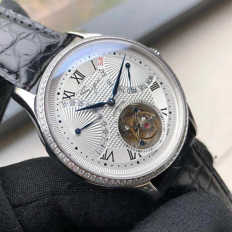 Роскошные часы ST8004 Tourbillon, мужские часы из крокодиловой кожи с календарем, дисплеем недели, мужские механические часы с ручным заводом, водонепроницаемые часы 5ATM
