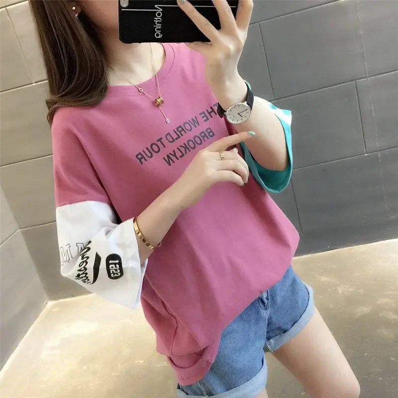 Красный Корейский Ulzzang Топы Футболка для женщин Лето Harajuku Письмо шить Половина рукава Топ Футболка школьницы консервативный Стиль Одежда - Цвет: Красный