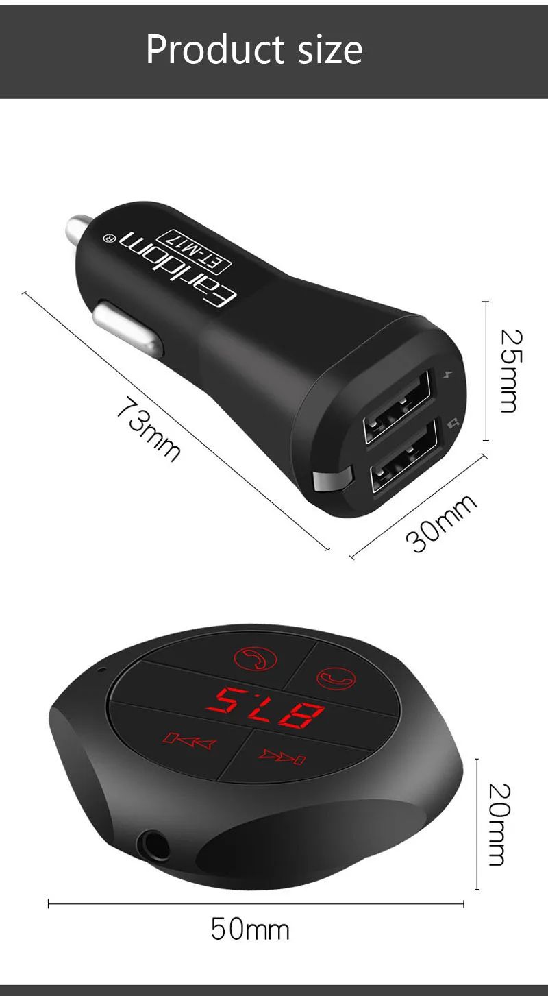 Earldom ET-M17 для использования в автомобиле, зарядное устройство USB для сотового телефона, bluetooth-приемник, адаптер, поддержка громкой связи, MP3, SD карта, fm-радио