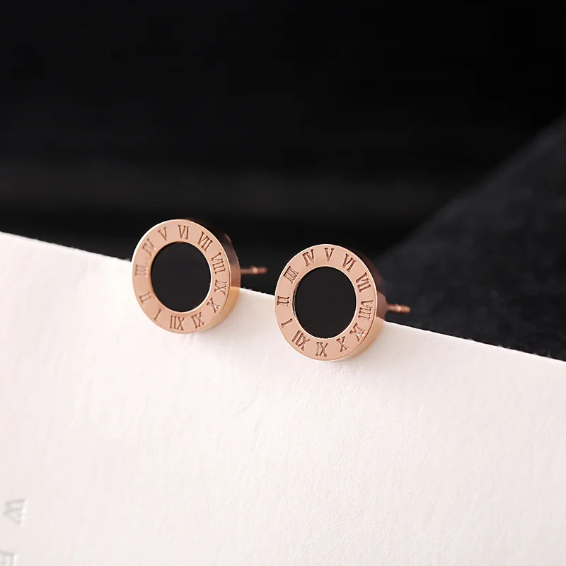 

316 Stainless Steel Round Shine Black Shell 8MM Diameter Roman Numeral Stud Earrings For Women High Quality Brand Jewelry SUER3