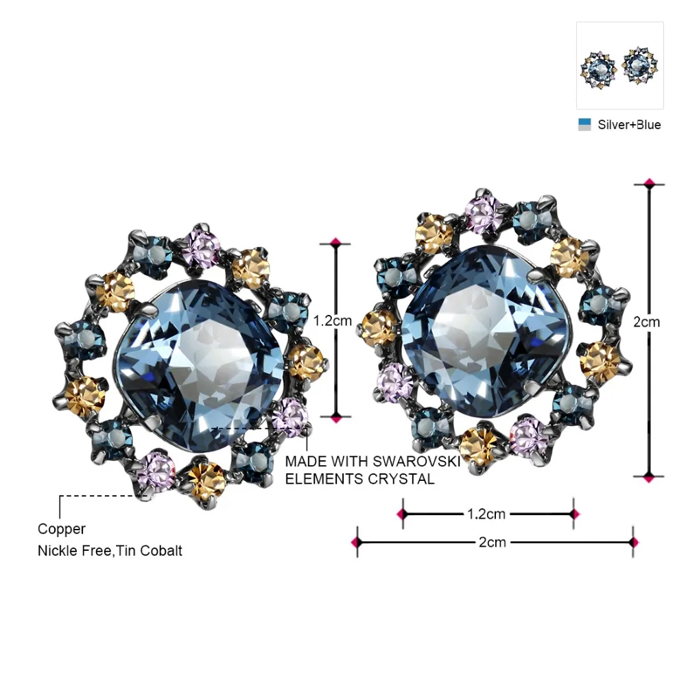 Серьги гвоздики с кристаллами Neoglory благородный синий винтажный круглый дизайн в