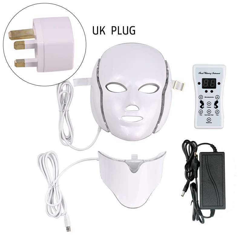 UK Plug 7 цветов Светодиодная маска Корея фотонная терапия Спа маски для лица Омоложение кожи отбеливание против морщин Красота лица Уход за кожей Шеи - Цвет: UK Plug