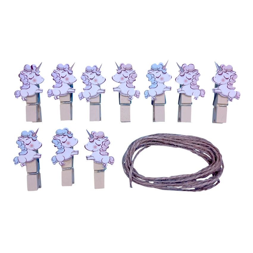 

10pack/lot Creative Unicorn Wooden Clip Rope with hemp Photo paper Craft Clips Party Decoration Clips Hung photos