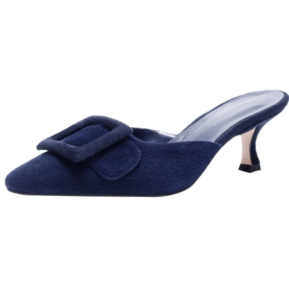 

Kmeioo Women Mules Pointed Toe Med Heels Buckle Loafers Female Sandlas Slip On Ladies Woman Shoes Dress Black Red Nude Blue