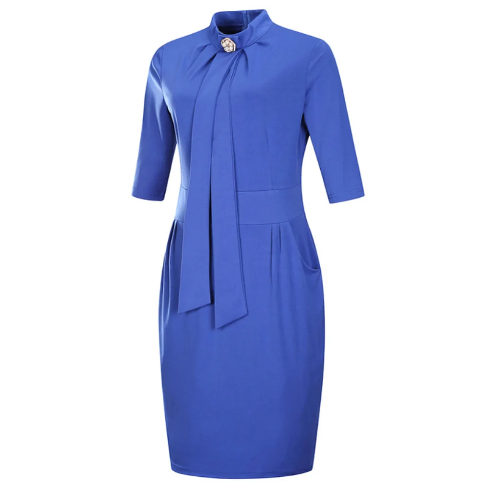 Wisalo, женское, плюс размер, 6XL, элегантное, одноцветное, облегающее, для работы, платье с рукавом 3/4, водолазка, длина до колена, с карманом, для офиса, женское платье, Vestidos