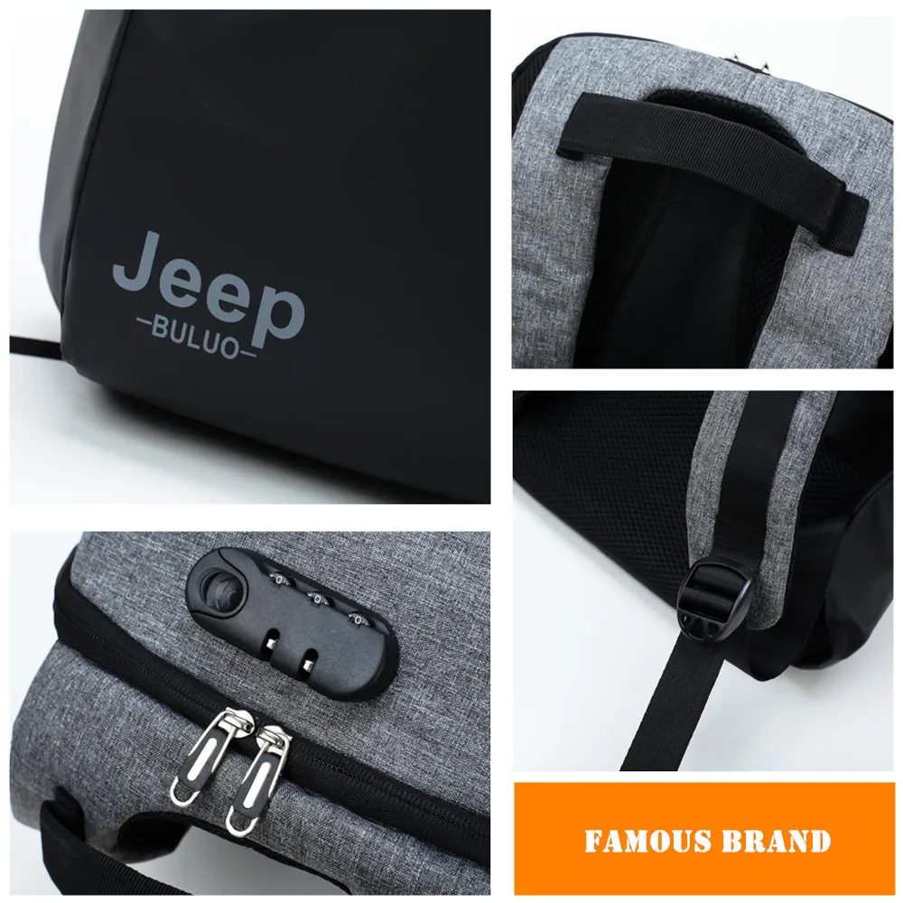 Jeep buluo бренд USB зарядка Противоугонный рюкзак для мужчин 15 дюймов рюкзаки
