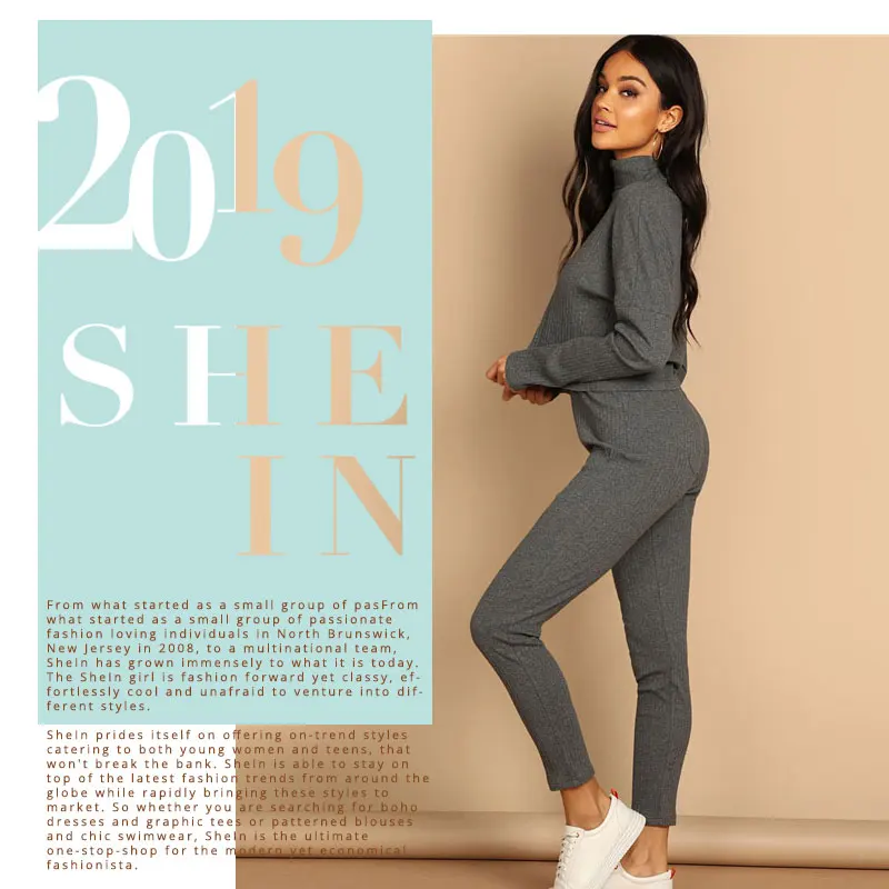 SHEIN Однотонный Трикотажный Костюм Топ с Длинными Рукавами И Брюки Стильный Комплект С Высоким Воротником