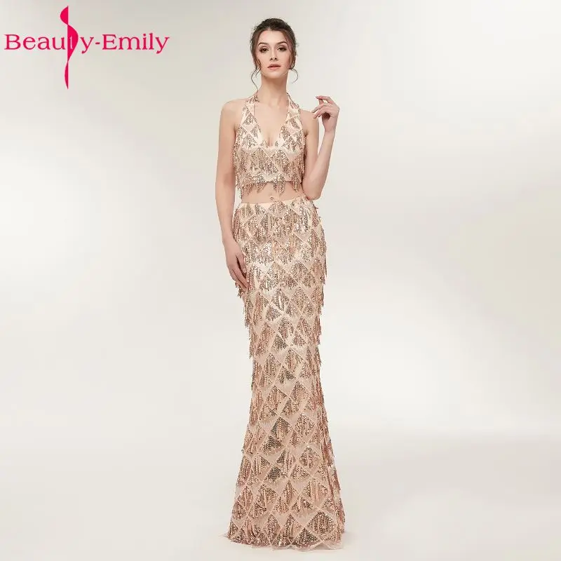 Beauty Emily два предмета золотая русалка Длинные Формальные Вечерние платья 2018