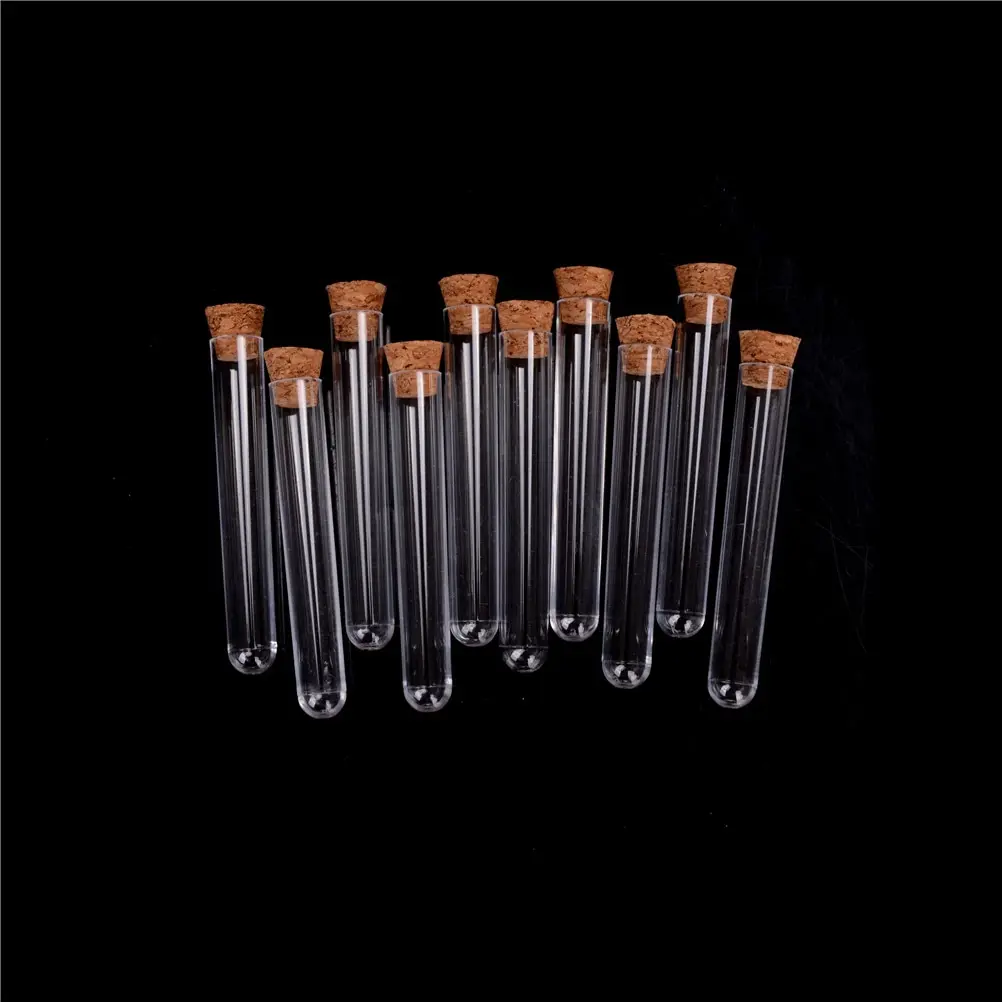 

Hot 10pcs/lot 12x75/12x100/15x100/15x150mm Laboratory Plastic Test Tube With Cork Clear Lab Favor Gift Tube Refillable Bottle