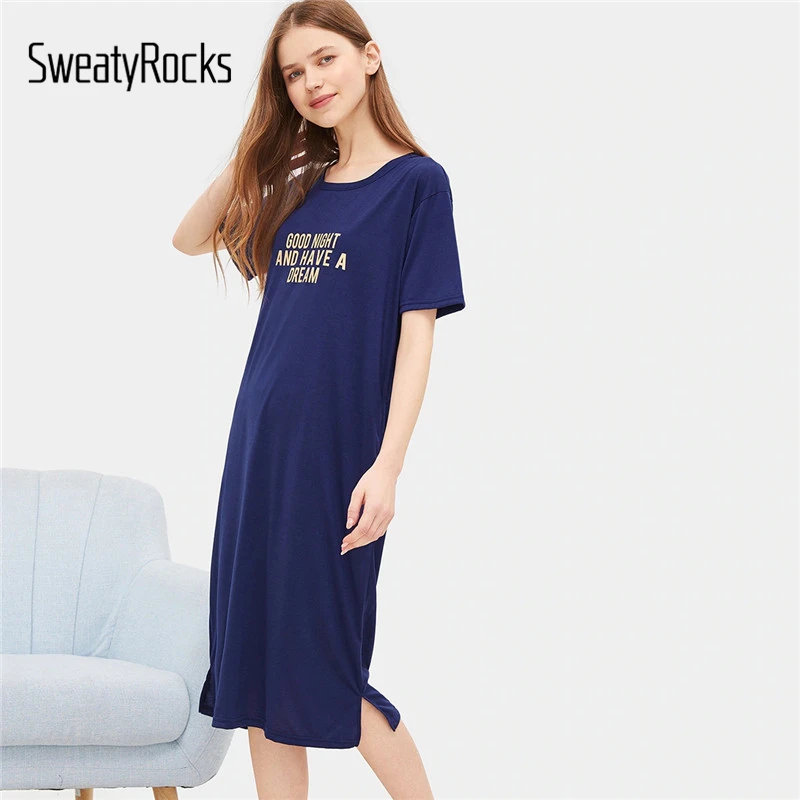SweatyRocks военно-морского флота с буквенным принтом трусы летние Для женщин Повседневное с круглым вырезом Ночная сорочка с короткими рукавами длинные ночные рубашки