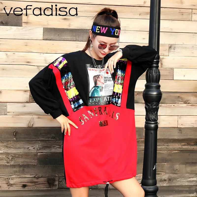 Vefadisa Для женщин Цвет соответствующие Sweatershirt блестками и длинными письмо шаблон