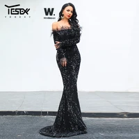 yesexy 2021 women sexy off shoulder long prom dress feather long sleeve sequin floor length evening maxi reflective dresses blue